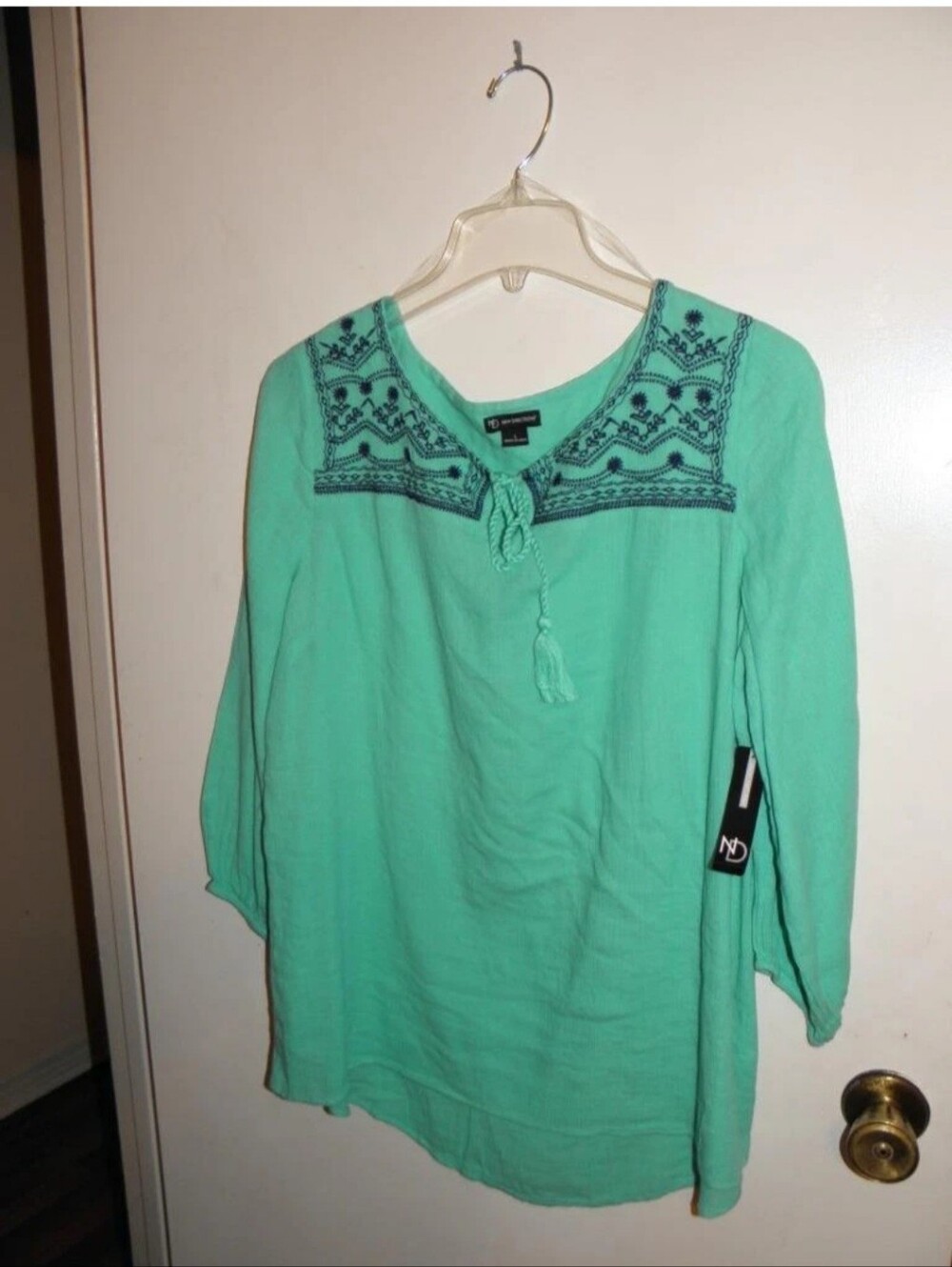 New Directions Womens Turquoise Green Shirt Top w Fringe Tassel sz L (NEW!) $44